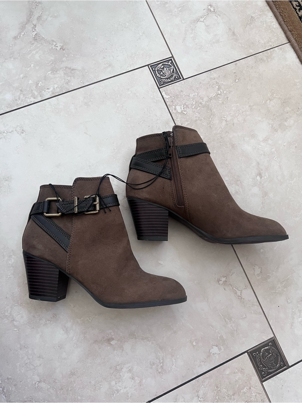 Express Taupe Brown Suede Ankle Booties with Buckle Strap